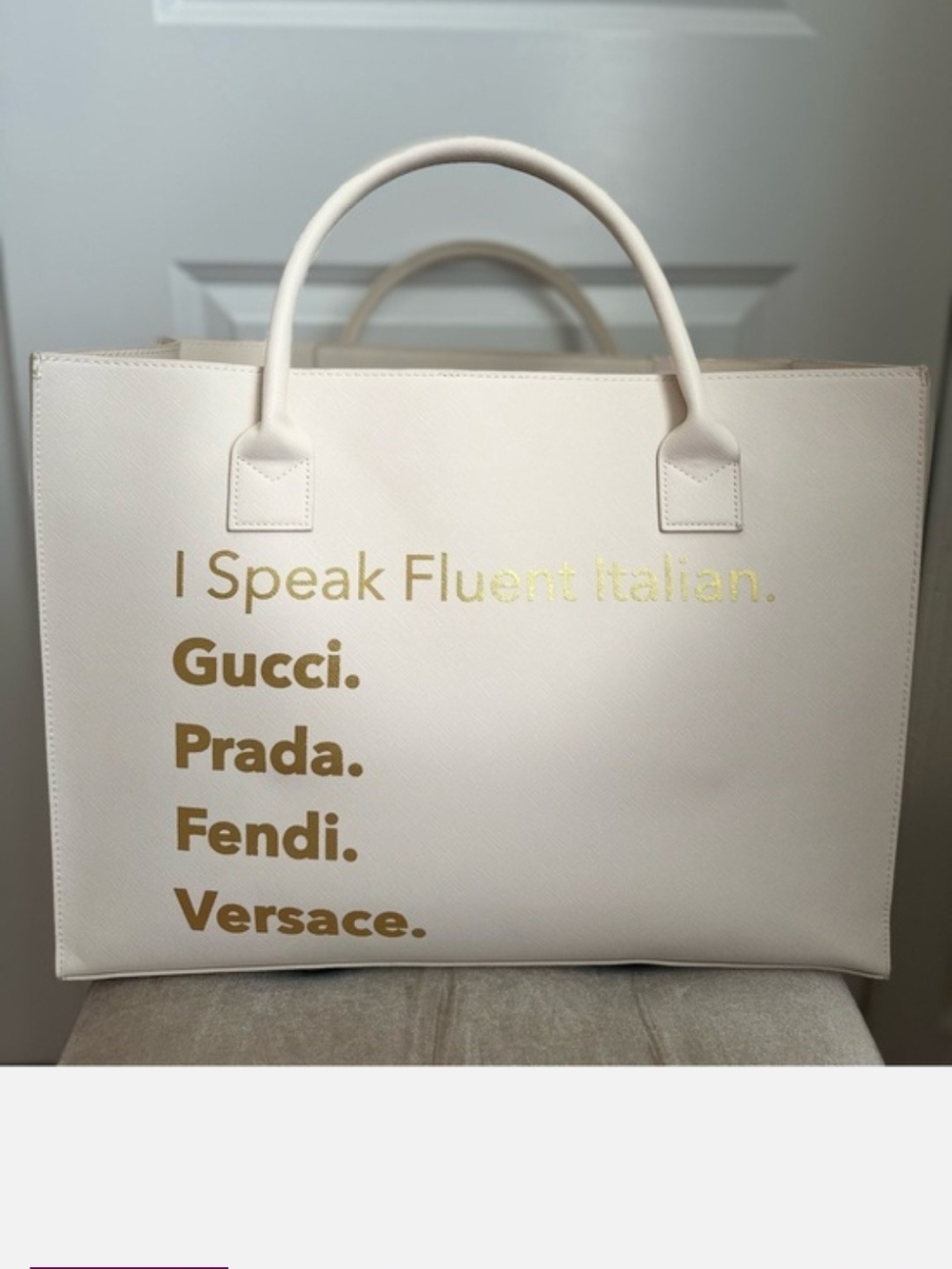 LOS ANGELES TRADING COMPANY I Speak Fluent Italian White Tote Bag with Gold Text